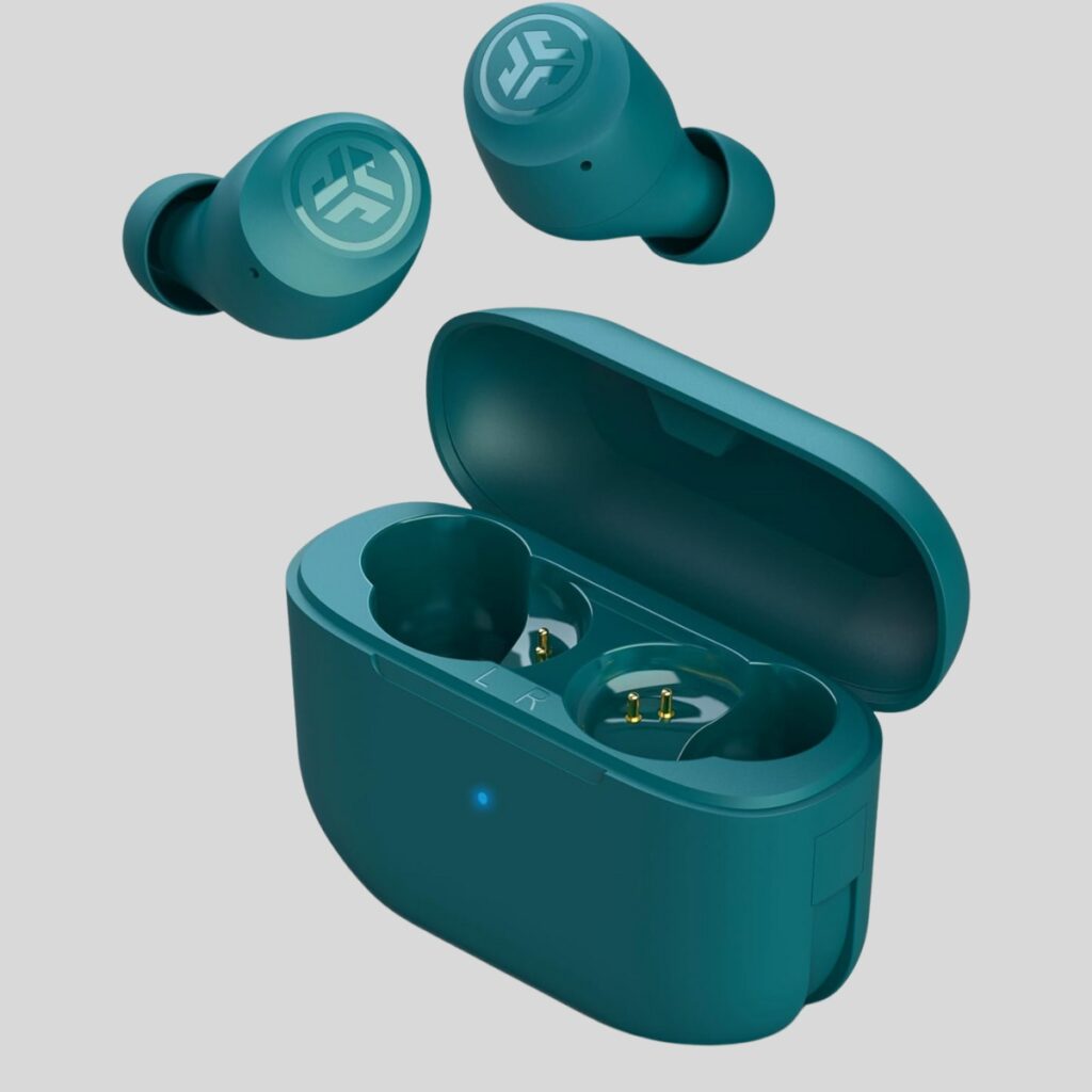 JLab Go Air Pop True Wireless Bluetooth Earbuds in Teal with Charging Case, featuring Dual Connect, IPX4 Sweat Resistance, Bluetooth 5.1, and 3 EQ Sound Settings